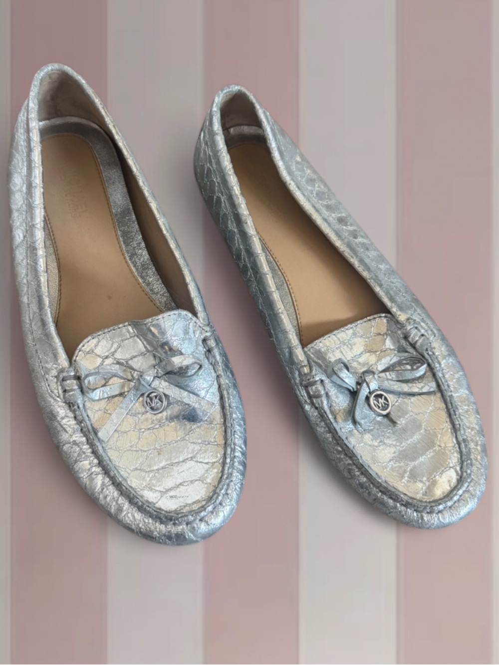Michael Kors Silver Metallic Leather Moccasin Loafers
